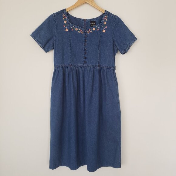Erika Size Medium Petite Vintage 90's Denim Embroidered Flowers Teacher Dress - Picture 1 of 14
